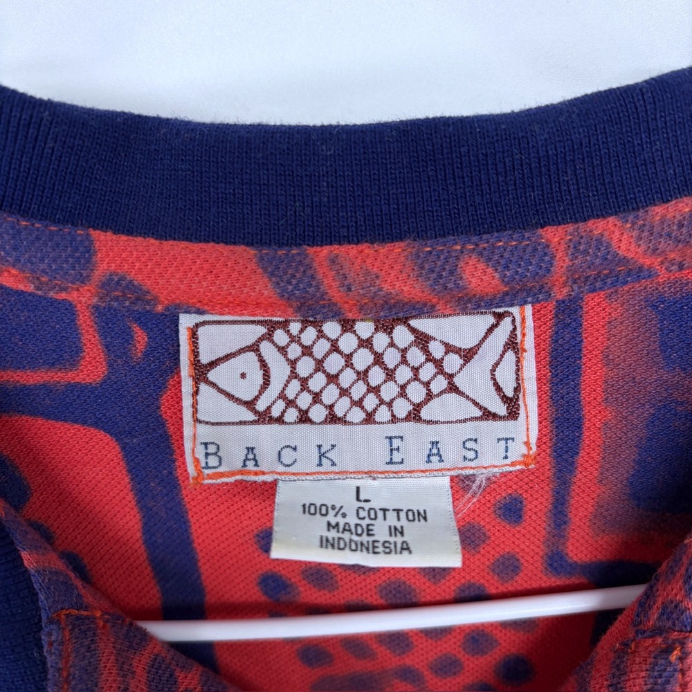 Vintage Back East Fishbones Aztec Pattern Polo Shirt Large Orange Blue 90s - Picture 5 of 6
